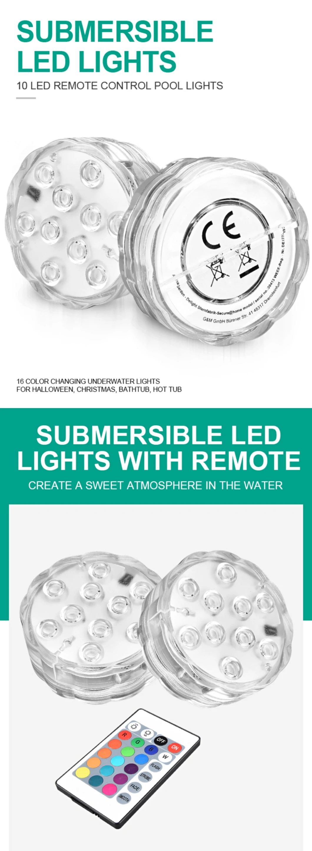 10 LEDs Remote Control Waterproof IP68 RGB Submersible Pool Light